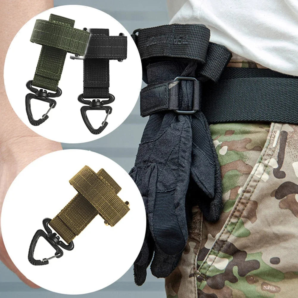 Close-up view of multi-purpose tactical nylon climbing gloves with adjustable straps and elastic cuffs.