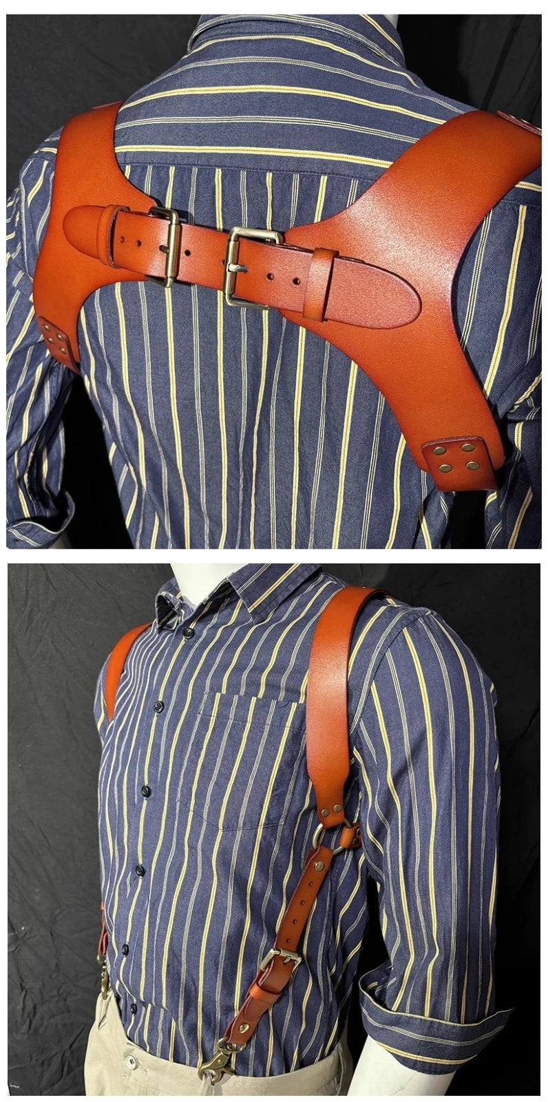 A close-up of men's double shoulder leather suspenders in a warm tan color worn over a blue striped shirt.