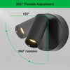 A black LED wall lamp with a magnetic spotlight showing 360 degree flexible adjustment and rotation.