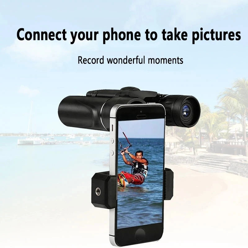 A smartphone is connected to a camera lens, demonstrating how to record moments.
