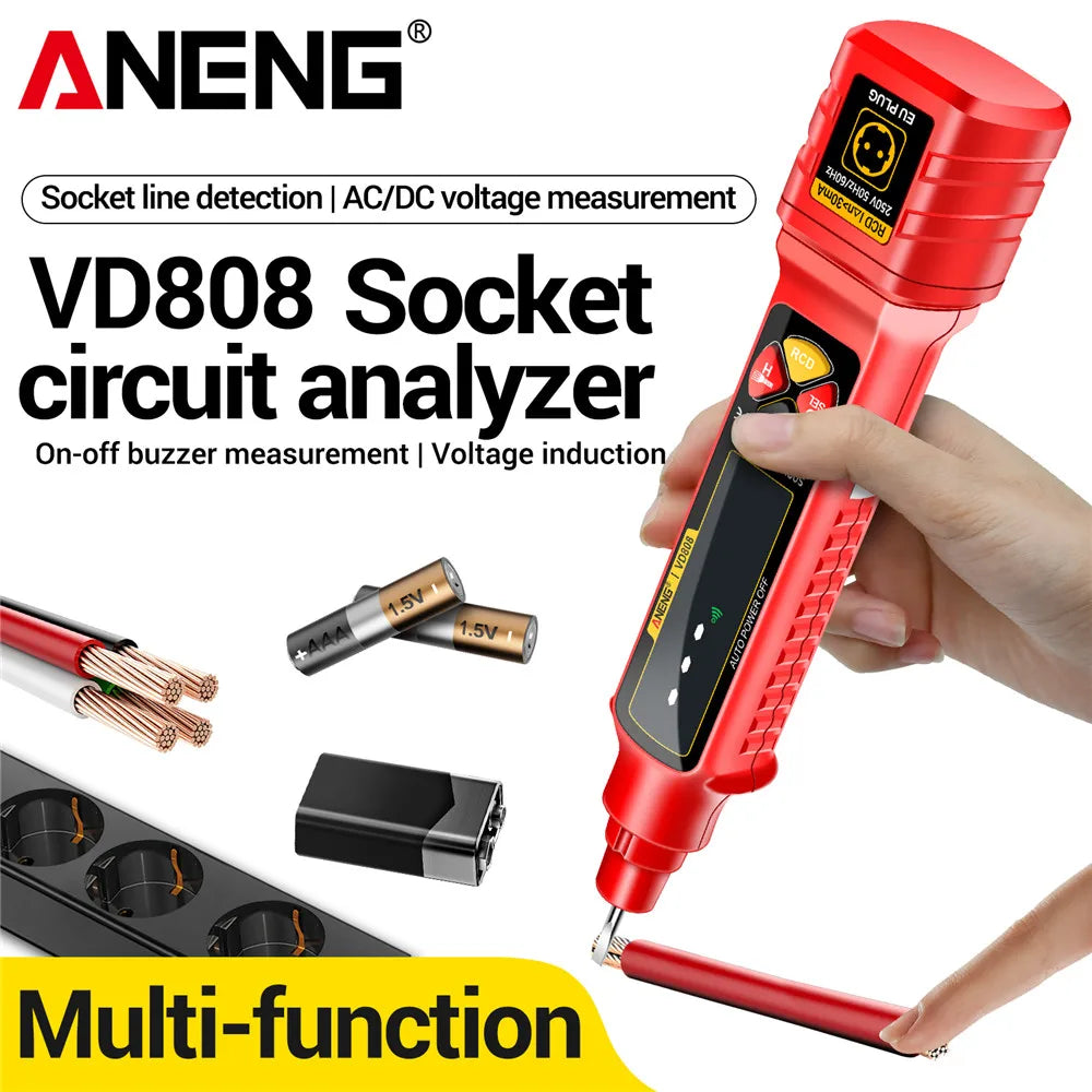 A hand holds a red multi-function socket circuit analyzer with a probe and various voltage test leads.