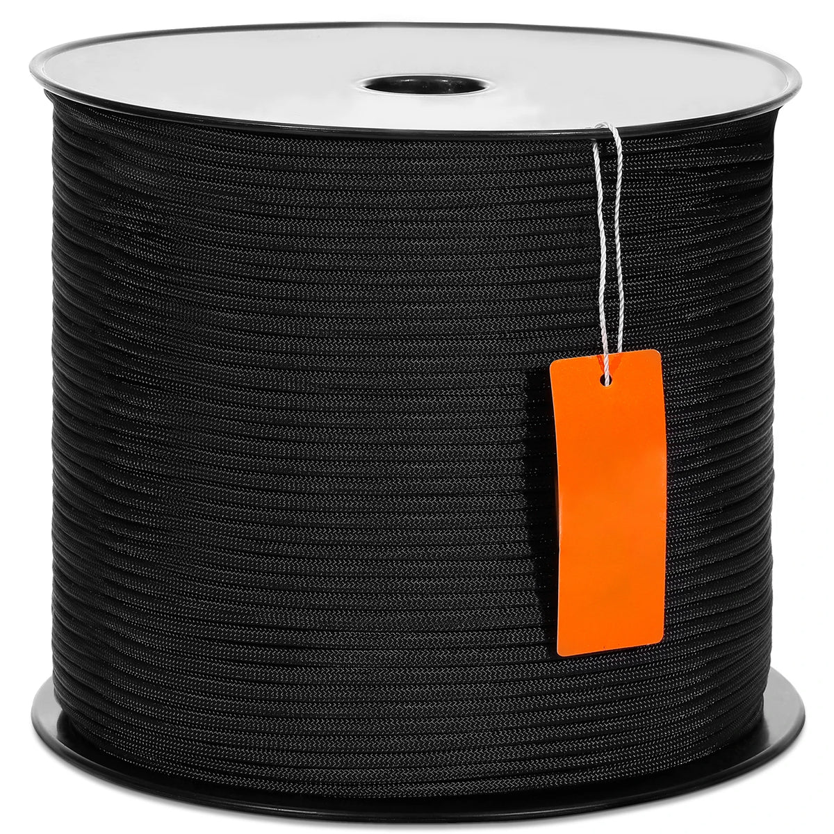 Bobina negra de cuerda de escalada de nylon resistente con una etiqueta naranja colgada en el centro.