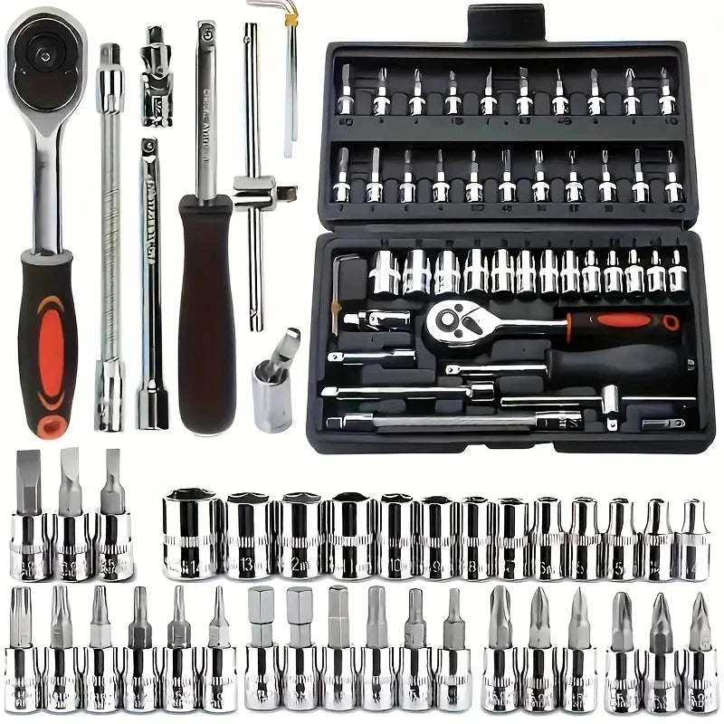 A collection of 46 metric socket wrenches and tools in various sizes and finishes.