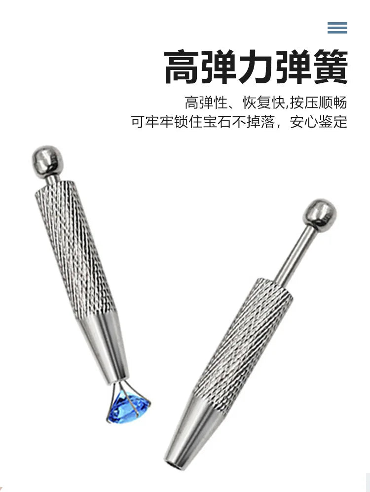 A silver precision diamond gripper tool with a textured shaft and a blue diamond tip.