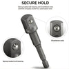 Close-up view of a secure hold drill socket adapter featuring spring loaded ball bearing and chamfered ends.