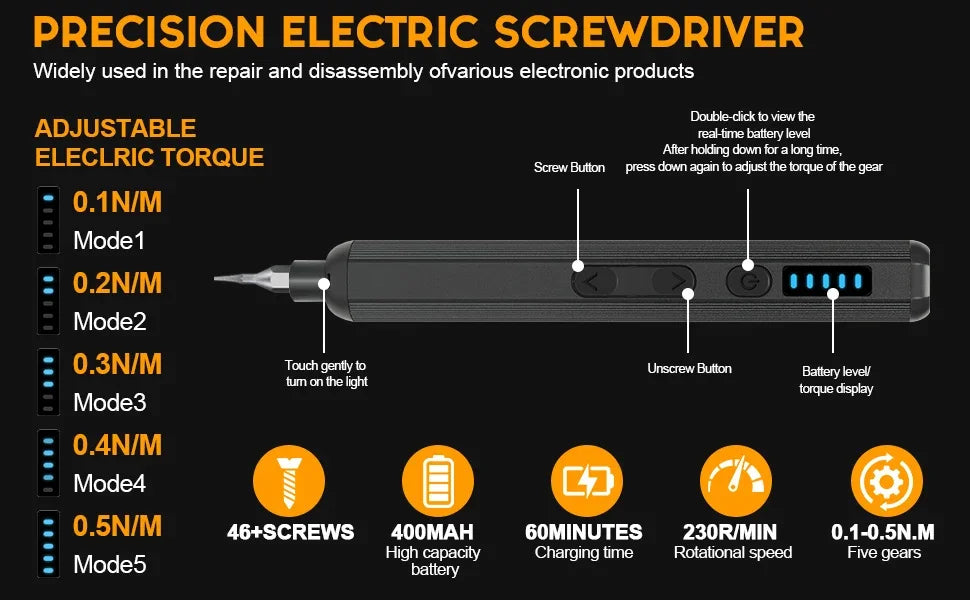 Schwarzer Präzisions-Elektscrewdriver mit fünf Modi und verschiedenen Drehmoment-Einstellungen.