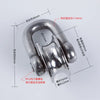 A heavy-duty stainless steel buckle pulley with various dimensions marked on the side.