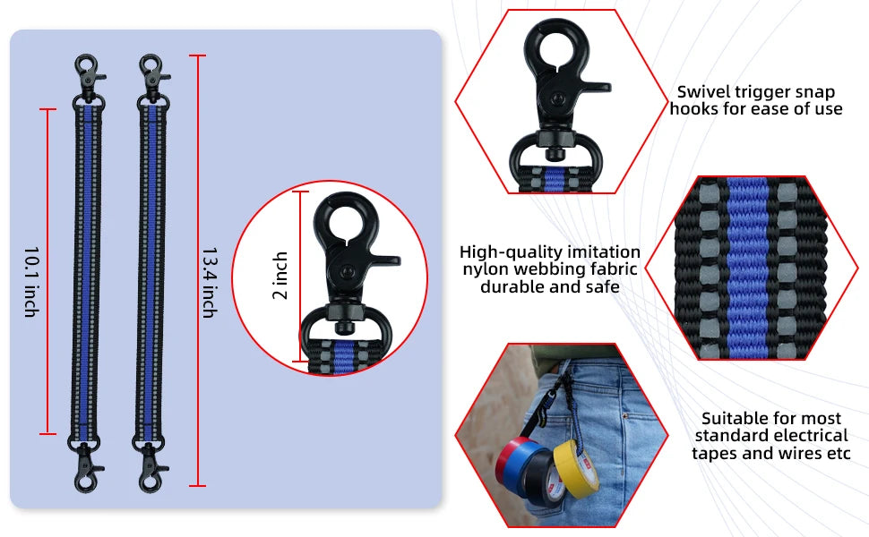 Adjustable electrical tape holder with swivel trigger snap hooks for easy use and durable nylon webbing fabric