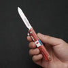 A hand holds a portable utility folding knife with a wooden handle and a silver blade.