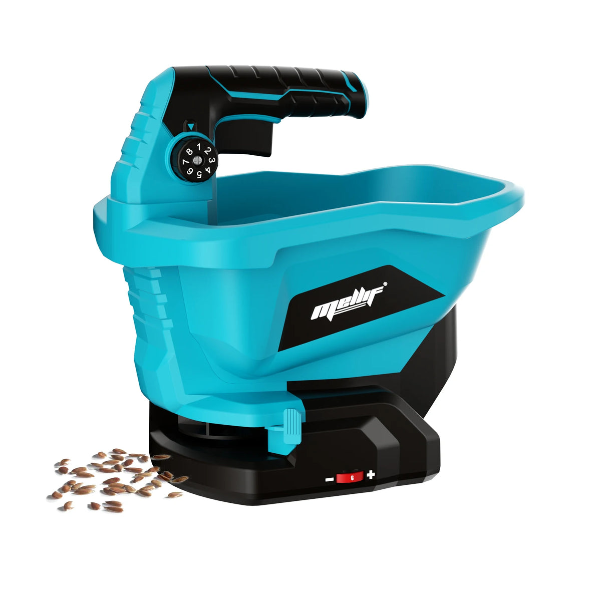 A teal and black cordless handheld spreader tool with a textured grip is shown next to coffee beans.