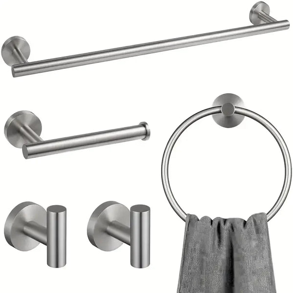Un juego de cuatro barras y soportes de almacenamiento de baño de acero inoxidable.