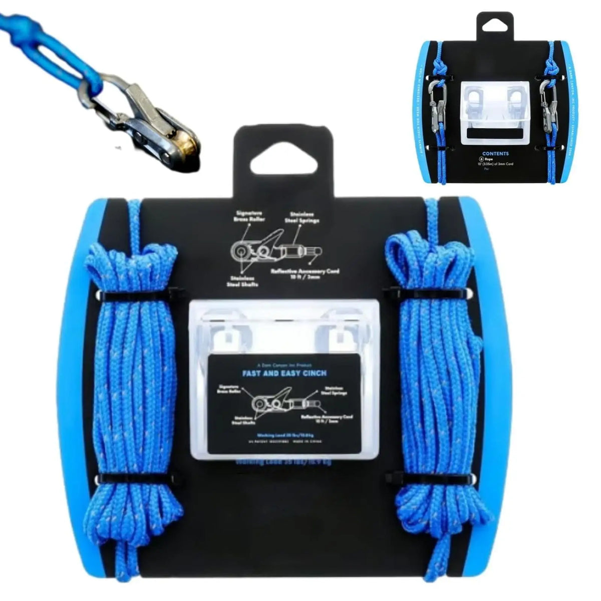 Black and blue heavy-duty retractable tie down rope with a carabiner and storage case.