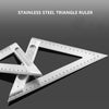 Stainless steel triangle ruler with markings shown on a dark background.