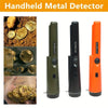 Three handheld metal detectors in olive green, black, and orange showing different angles.