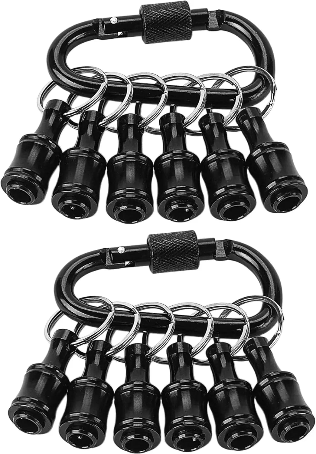 A set of 12 black 1/4 socket bit holders attached to a keychain extension bar.