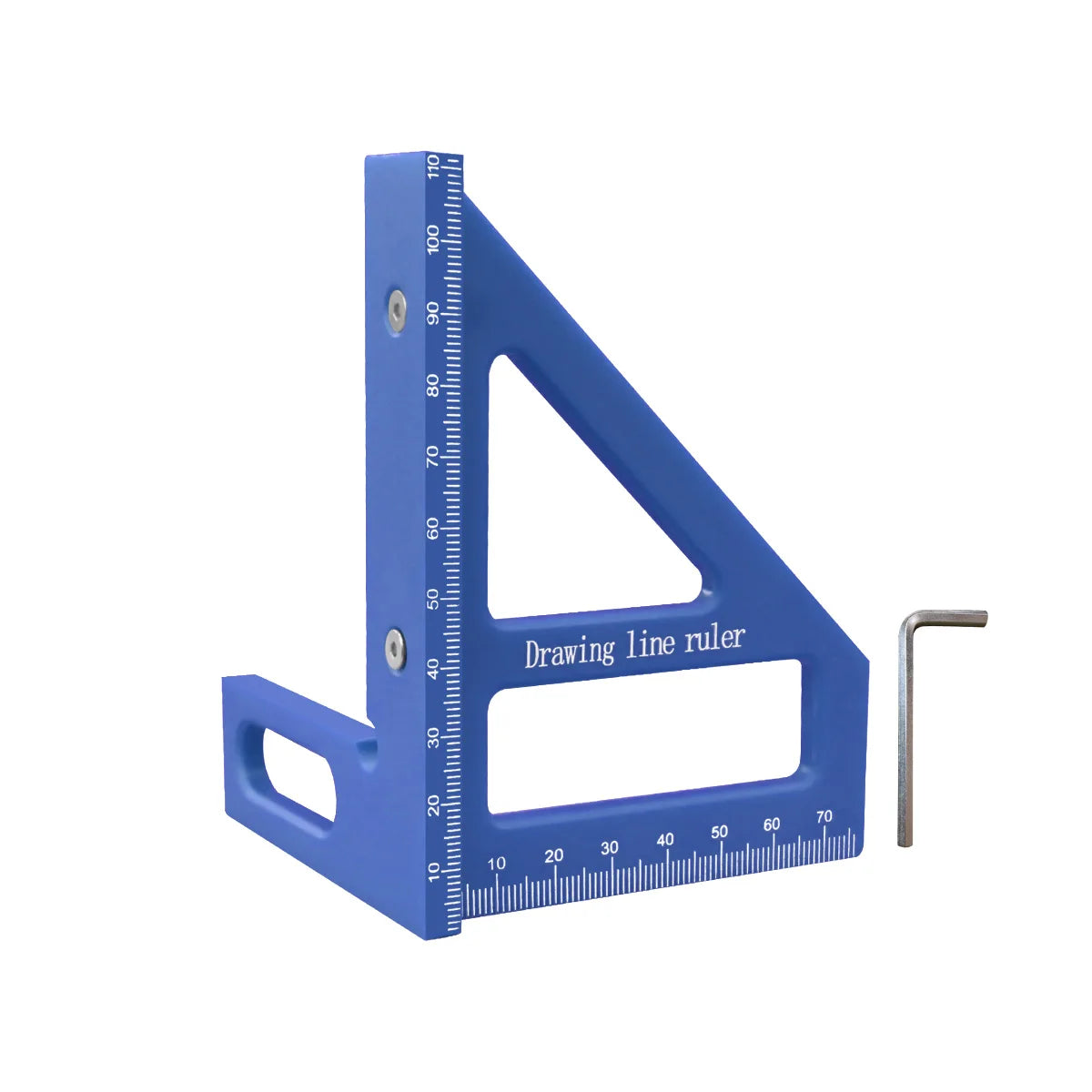 A blue drawing line ruler used as a precision angle and layout square for woodworking.