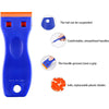 Blue precision plastic razor blade scraper with orange accents showing features like a suspendable tail and grip grooves