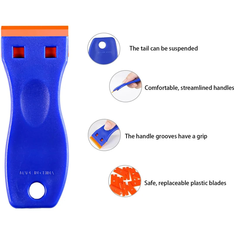 Blue precision plastic razor blade scraper with orange accents showing features like a suspendable tail and grip grooves