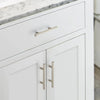 White cabinet drawer and door featuring brushed nickel and gold cabinet handles.