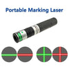 A portable marking laser module with green and red line outputs shown in various configurations.