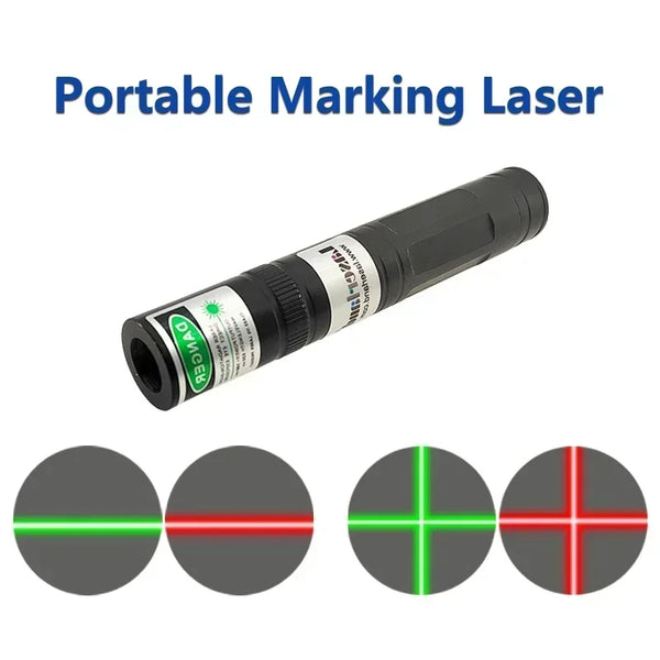 A portable marking laser device shown with various green and red laser lines on a dark background.