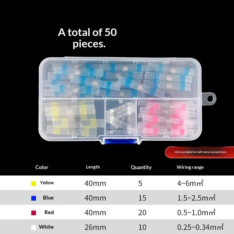 A clear plastic storage box containing 50 electric copper solder connectors in various colors and lengths.