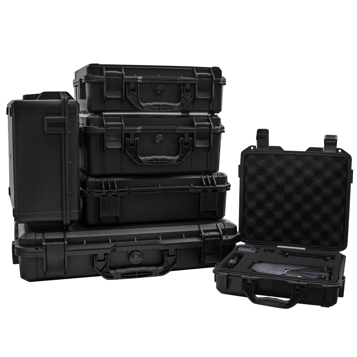A stack of black universal portable tool boxes and an open tool box are shown.