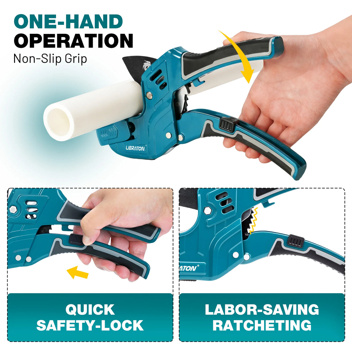 A hand is operating a blue heavy-duty PVC pipe cutter and deburring tool, demonstrating its one-hand operation and safety fea