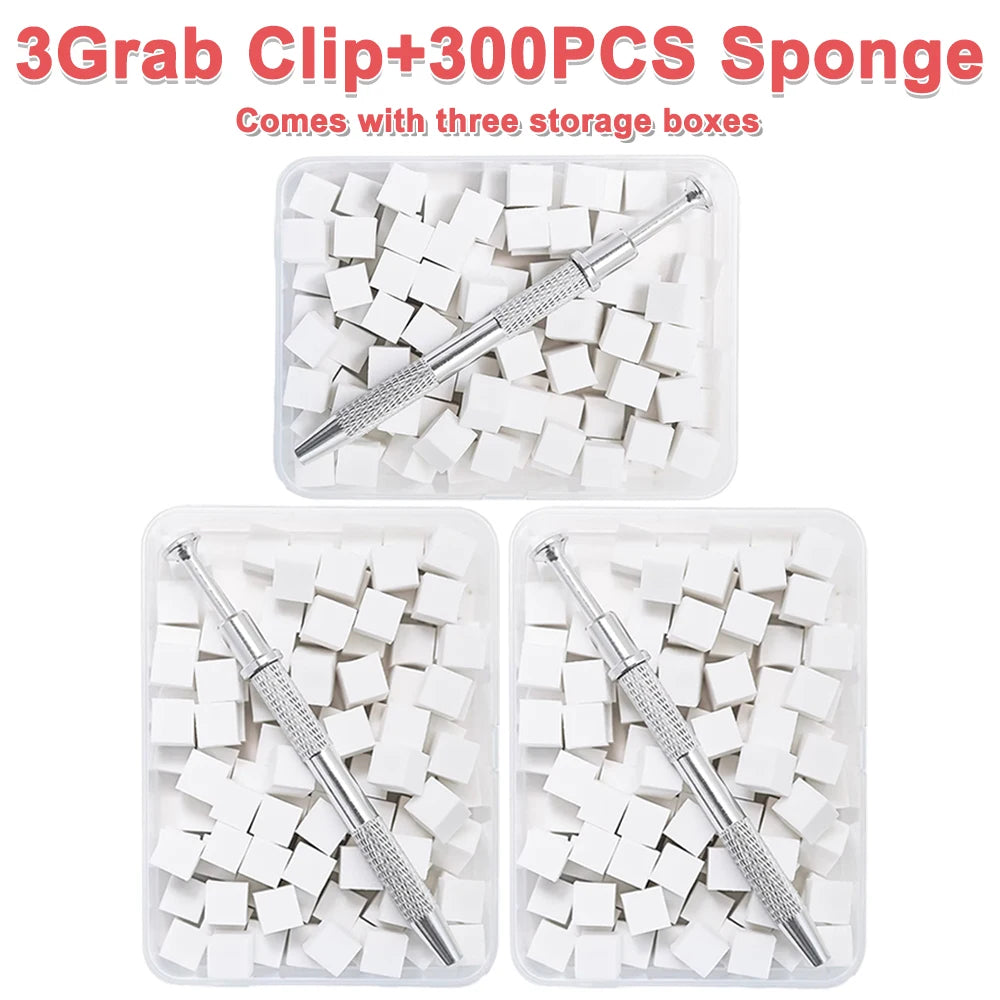 A set of 3 Grab Clip sponges with three storage boxes, showing white sponge pieces and a gripping pen.