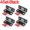 A set of four black magnetic door and cabinet catches with red mounting strips.