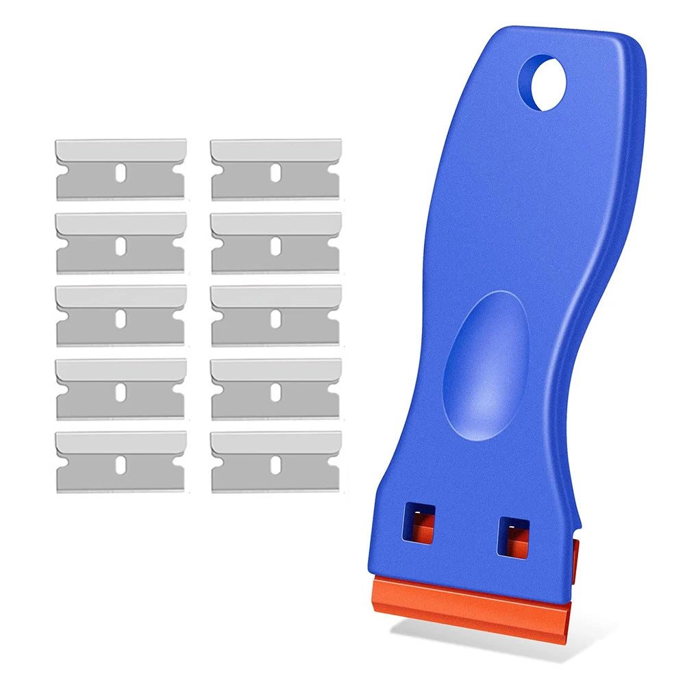 A blue multi-surface plastic razor blade scraper with orange backing and silver blades.