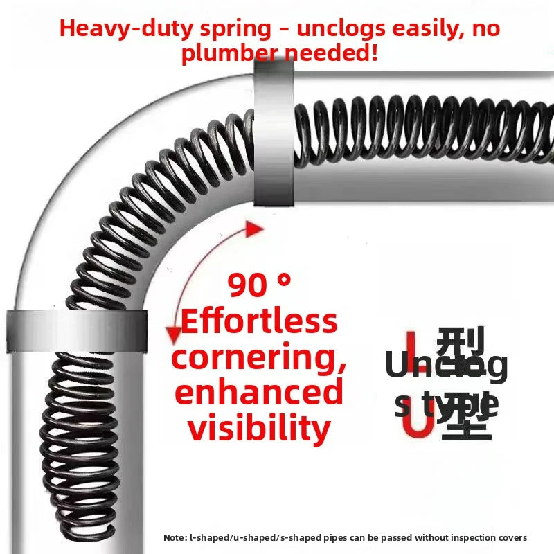 A close-up of a heavy-duty spring pipe tool demonstrating effortless cornering and enhanced visibility.