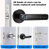 A black smart digital lock with a circular display and keyhole is shown in various installation contexts.