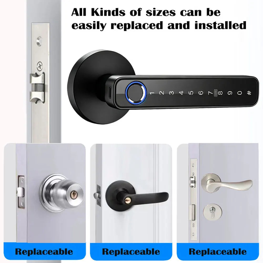 A black smart digital lock with a circular display and keyhole is shown in various installation contexts.