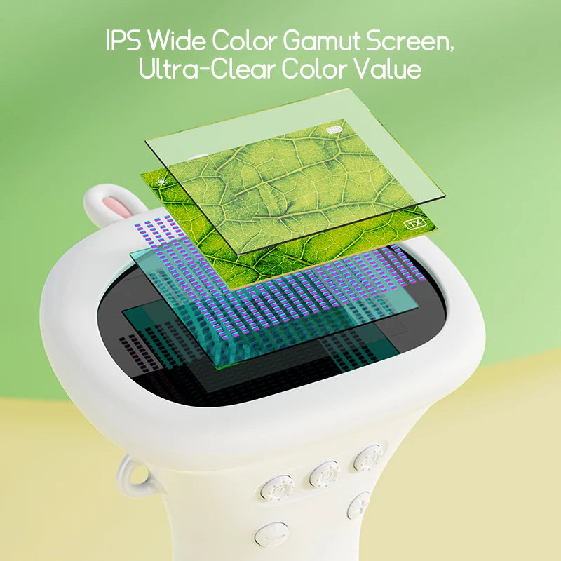 A white pocket digital microscope is shown with a glass slide displaying a green leaf under magnification.