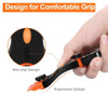 Hand holding a black and orange dual-purpose razor scraper demonstrating an ergonomic non-slip design.