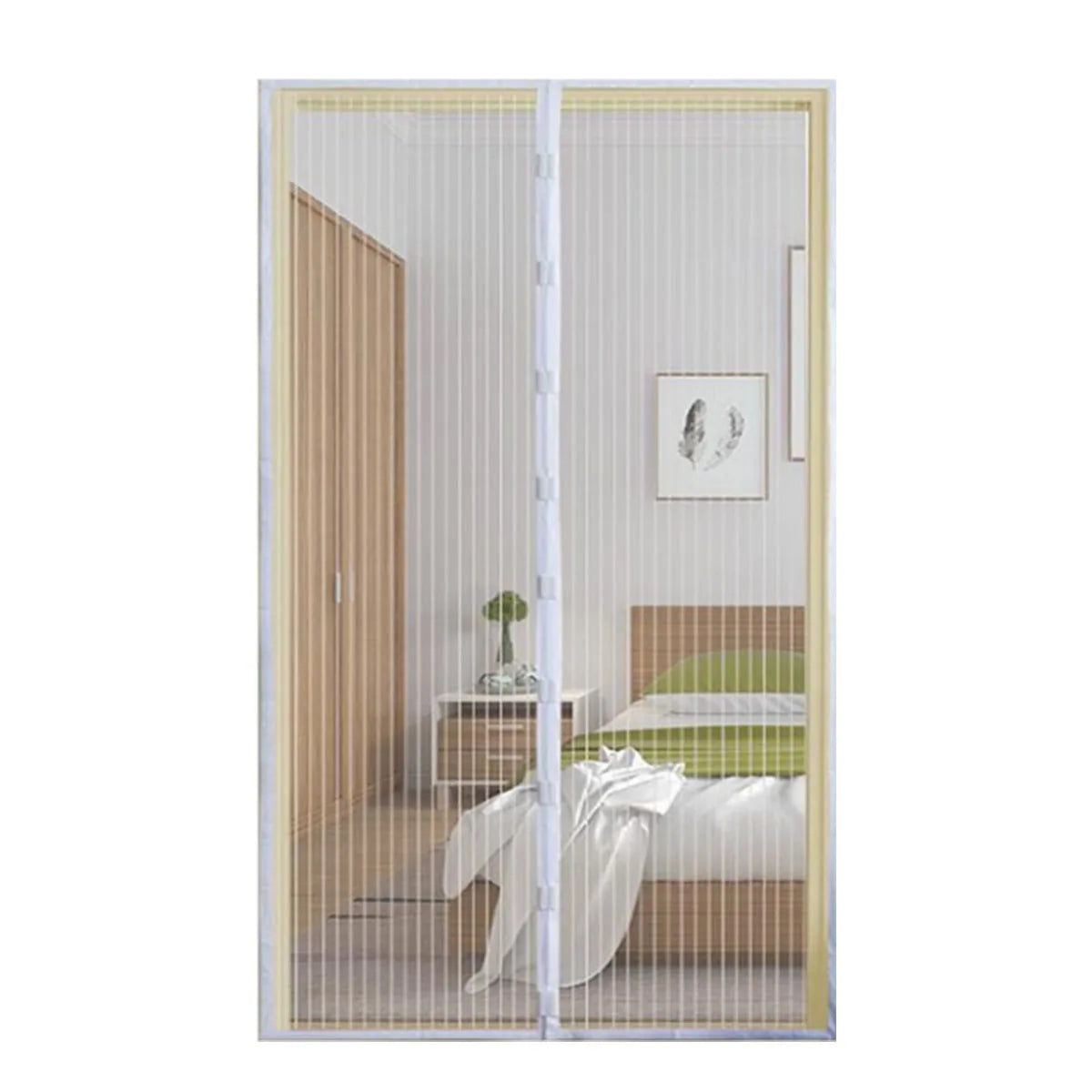 A vertical automatic magnetic mesh door screen with a light wood frame and sheer fabric panel.
