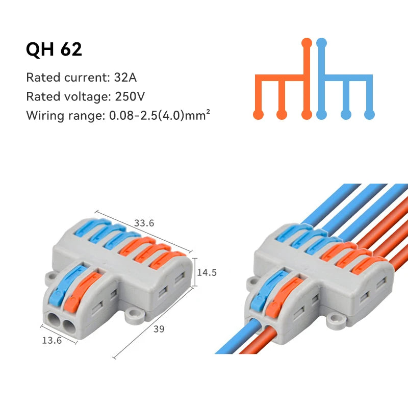 A set of orange and blue electrical push-in connectors with wiring range 0.08-2.5(4.0)mm².