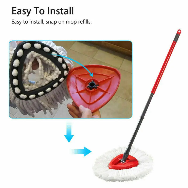 A red microfiber mop refill is shown being inserted into a white mop head.