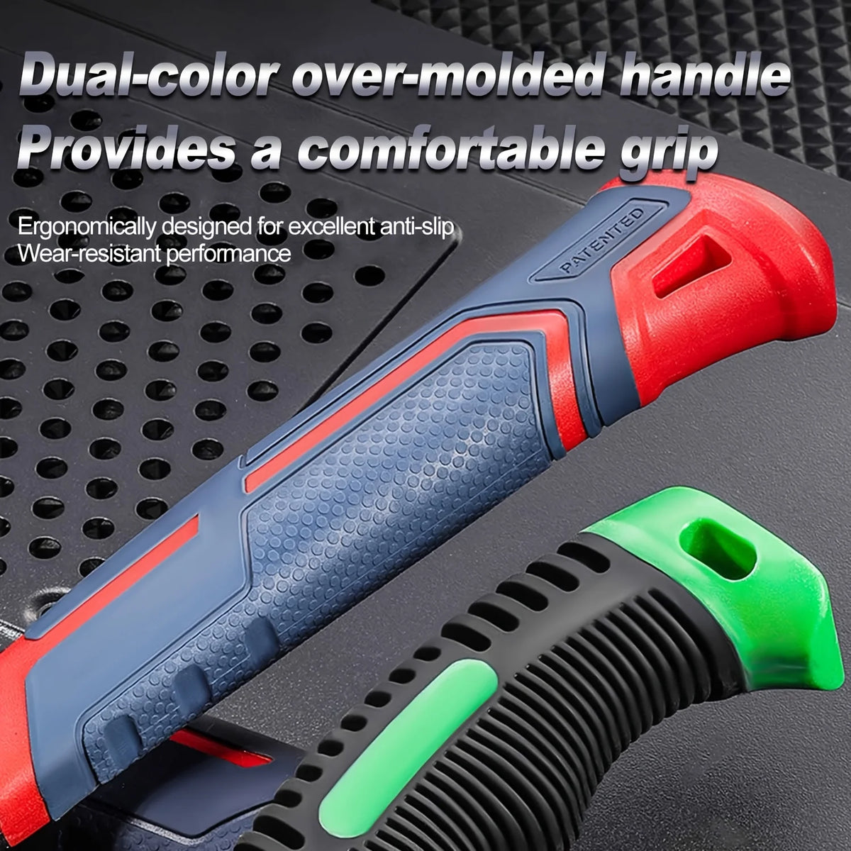 Close-up view of a claw hammer showing a dual-color over-molded handle with red and blue grips.