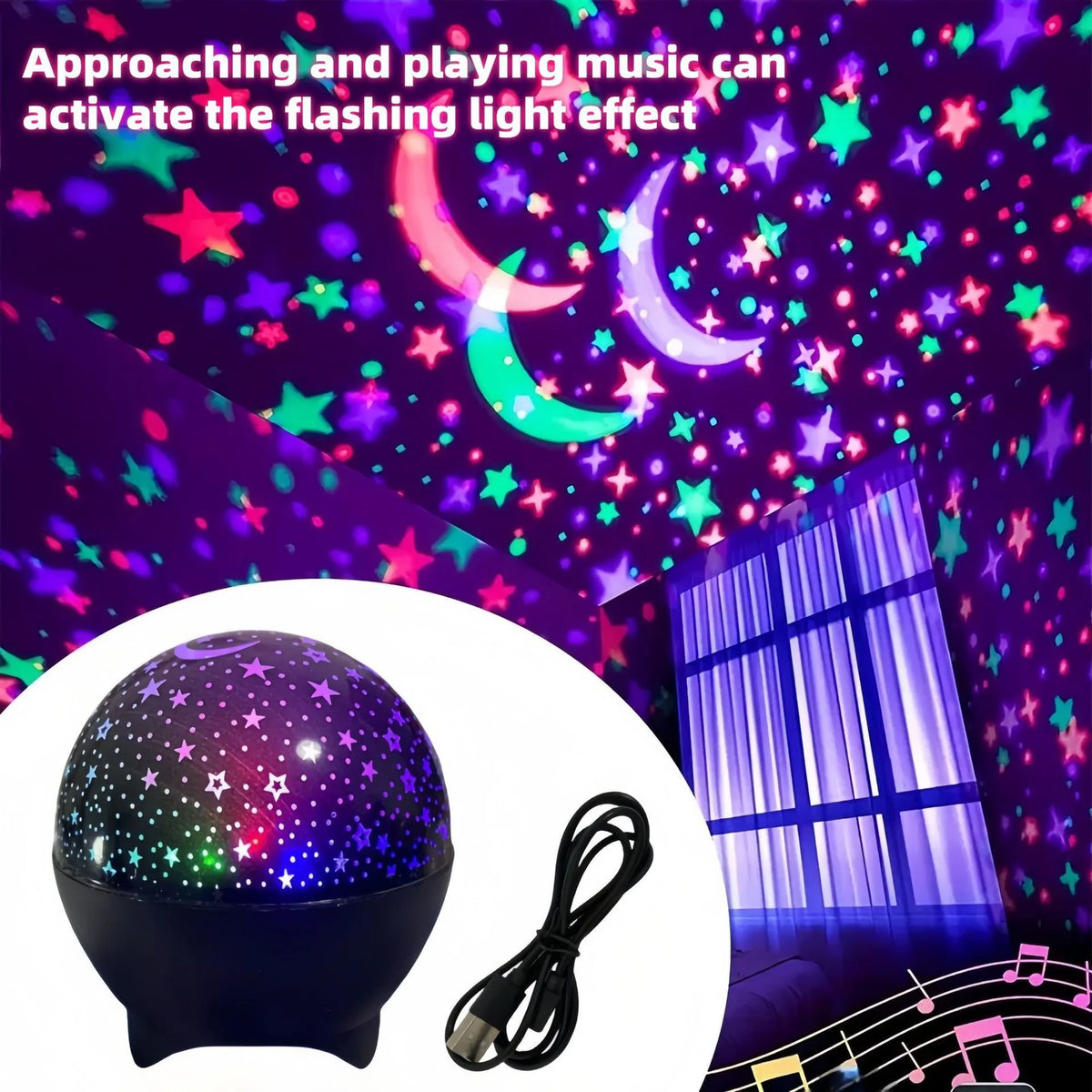 A purple galaxy projection night light sphere with a cord, illuminating stars and a crescent moon.