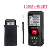 A black laser distance meter tool with a 150-meter range, shown next to its protective case.