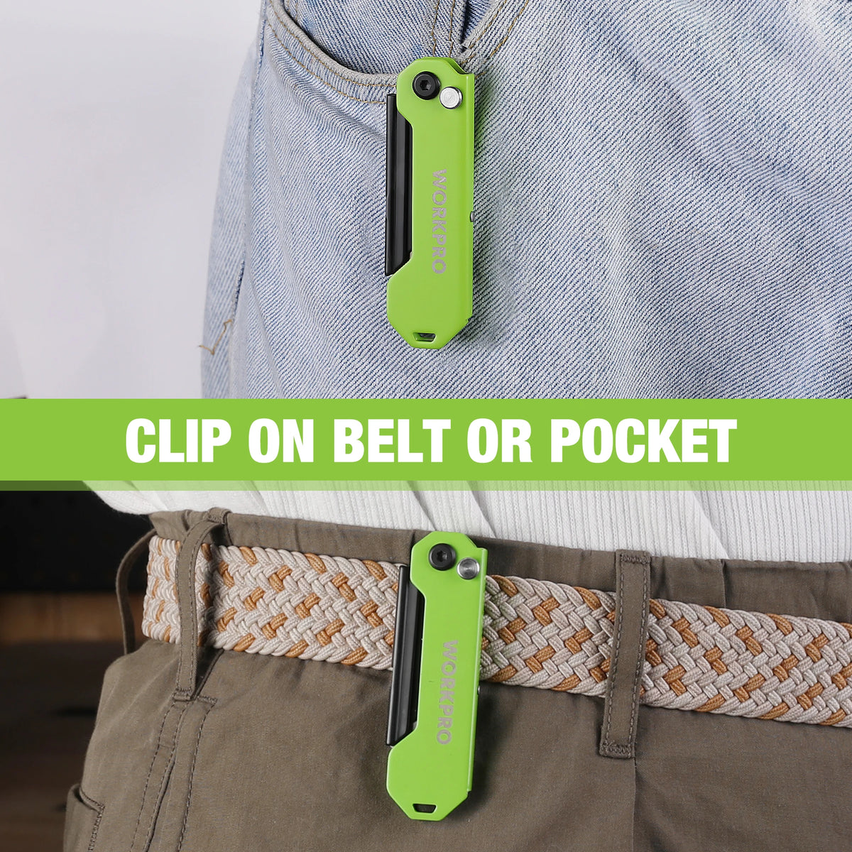 A lime green folding utility knife is clipped onto a belt or pocket of a denim shirt.