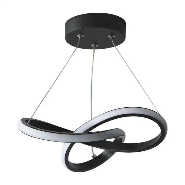 Modern gold LED ceiling pendant light with a dark circular shade and a curved, modern pendant below.
