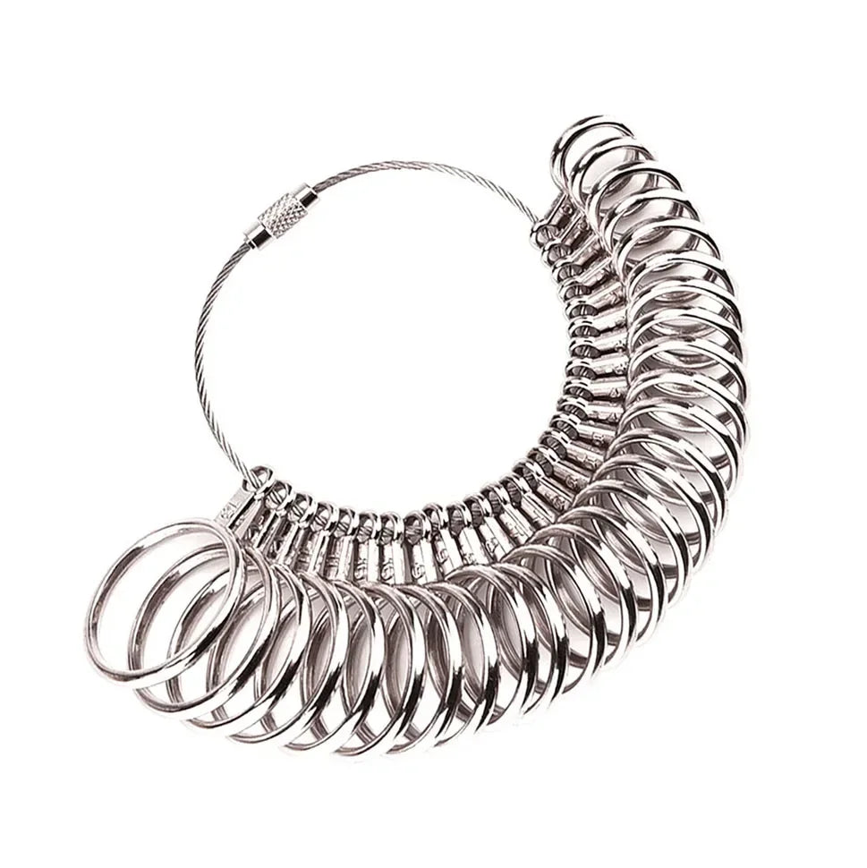 A coiled precision stainless steel ring sizer gauge kit with a loop for measuring rings.