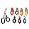 A set of six tactical foldable shears in various colors including silver, orange, brown, and green.
