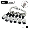 Six silver screwdriver bit holders with hex shank tips and a keyring.
