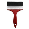 A red paint brush with a black bristles and silver ferrule.