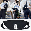 Black linen crossbody waist bag featuring a white cat silhouette design