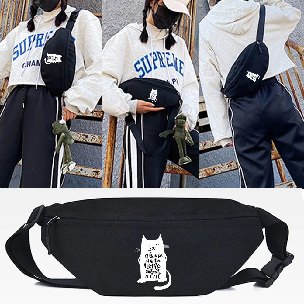 Black linen crossbody waist bag featuring a white cat silhouette design